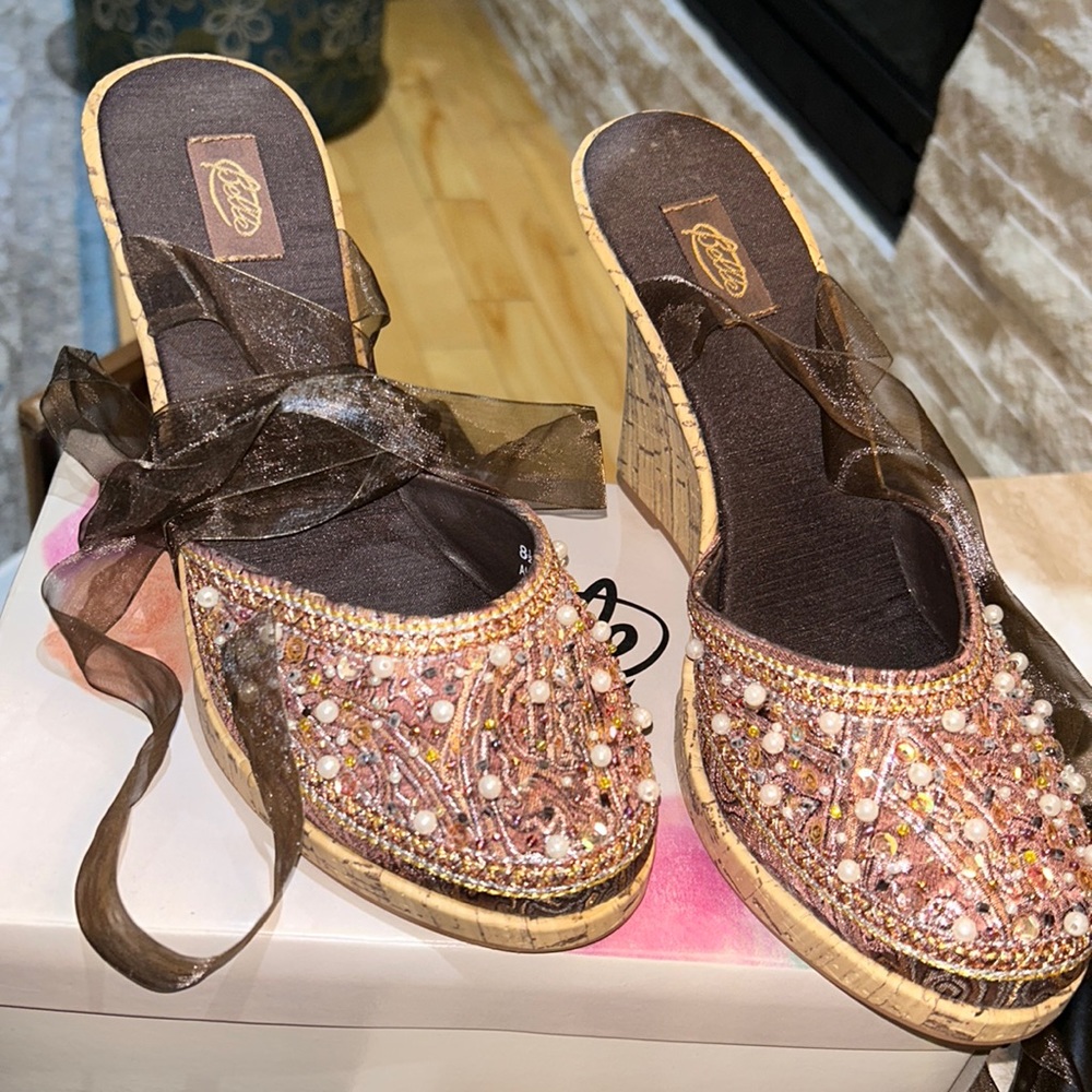 Embellished Brown Wedge Sandals with Ribbon Tie
